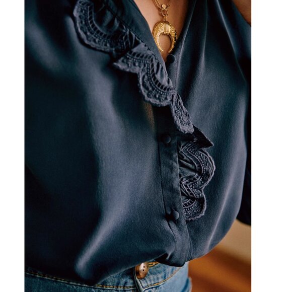 Sezane Chlo Silk Shirt Blouse Marine Navy Blue French Top Classic FR34/US2 - Picture 10 of 12